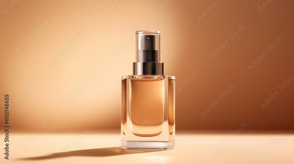 Serum bottle on beige background. Illustration AI Generative. Serum bottle on beige background. Illustration AI Generative.