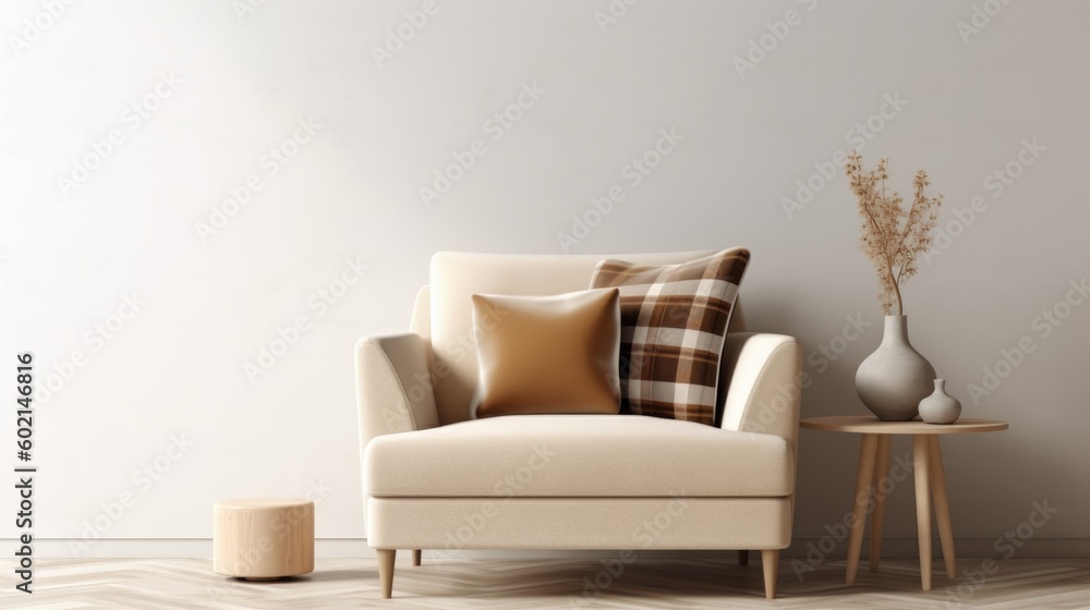 Living room mockup or setup with beige soft chair. Illustration AI Generative