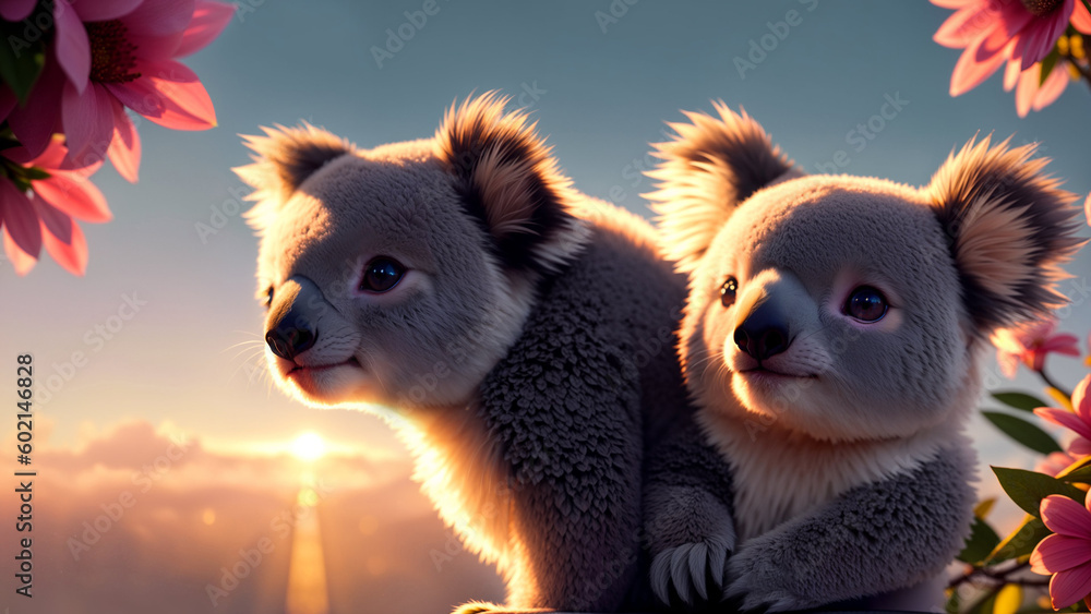 Two baby koalas in pink flowers. Art in a kawaii style. The softness and joy of the gray furry creature is captured in colorful detail. Charming mascot with playful eyes. High resolution and detail Two baby koalas in pink flowers. Art in a kawaii style. The softness and joy of the gray furry creature is captured in colorful detail. Charming mascot with playful eyes. High resolution and detail
