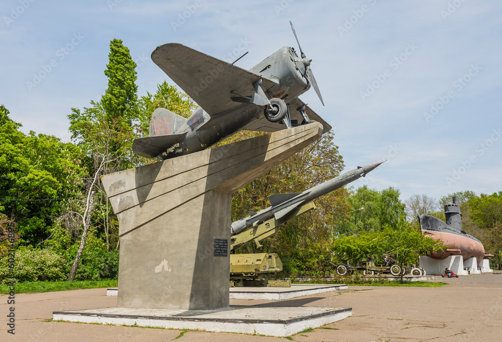 Soviet I-16 fighter aircraft from the 1930s-1940s. on a pedestal at the memorial of the heroic defense of Odessa Soviet I-16 fighter aircraft from the 1930s-1940s. on a pedestal at the memorial of the heroic defense of Odessa