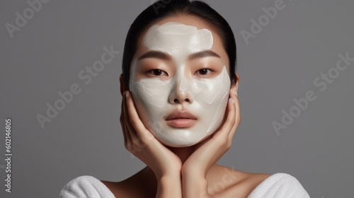 Beautiful young woman, applying facial moisturizing mask on face, Illustration AI Generative.