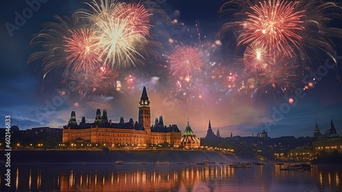 Fireworks on day of Canada Illustration AI Generative. photo