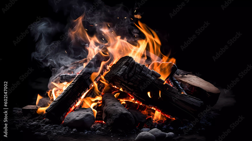 Fototapeta premium Bonfire. Glowing coals. Dark background. Generative AI technology.