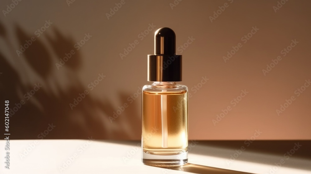 Serum bottle on beige background. Illustration AI Generative. Serum bottle on beige background. Illustration AI Generative.