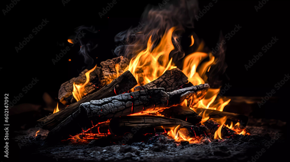 Bonfire. Glowing coals. Dark background. Generative AI technology. Bonfire. Glowing coals. Dark background. Generative AI technology.