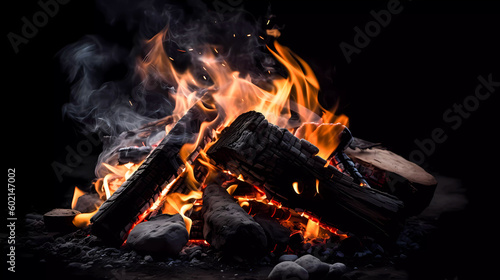 Bonfire. Glowing coals. Dark background. Generative AI technology.