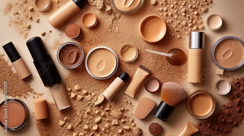 Smears and drops of various cosmetic products and pipettes on beige backgroun...