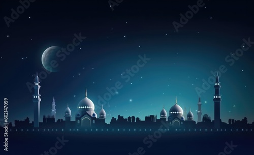 Mosques dome on dark blue twilight sky and crescent moon on background Illustration AI Generative.