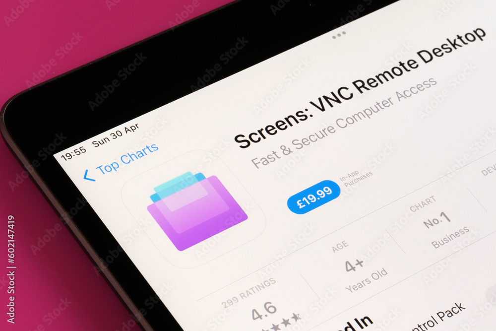 Screens VNC remote desktop app seen in App Store on the screen of ipad