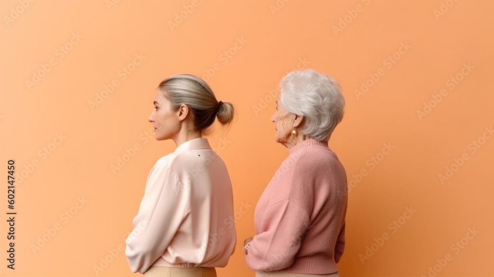 Elderly and young women standing back-to-back. Illustration AI Generative.