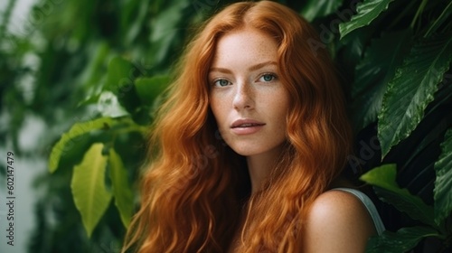 Beauty portrait of ginger woman with long hair. Illustration AI Generative.