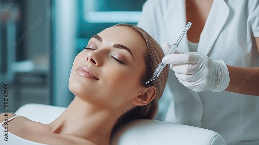 Young woman is getting a rejuvenating facial injections at beauty clinic. Illustration AI Generative. Young woman is getting a rejuvenating facial injections at beauty clinic. Illustration AI Generative.