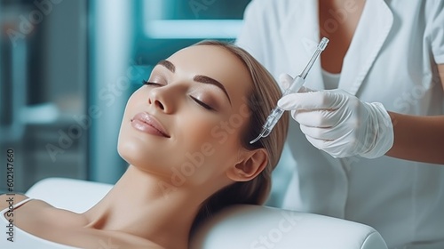 Young woman is getting a rejuvenating facial injections at beauty clinic. Illustration AI Generative.