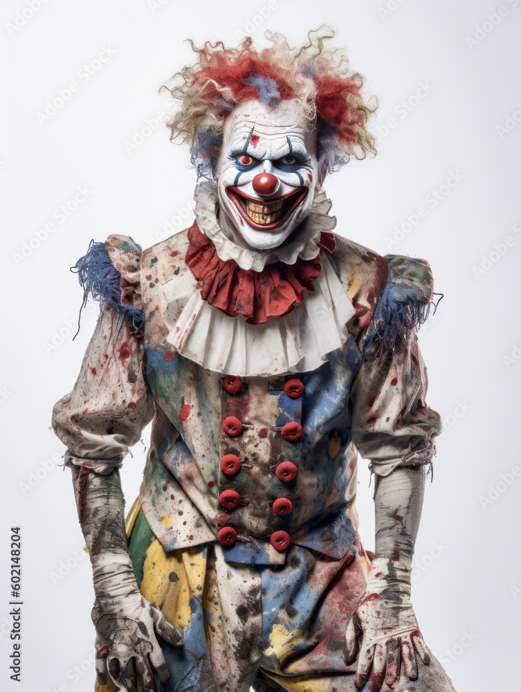Scary clown with a big smile, white background. Generative art.