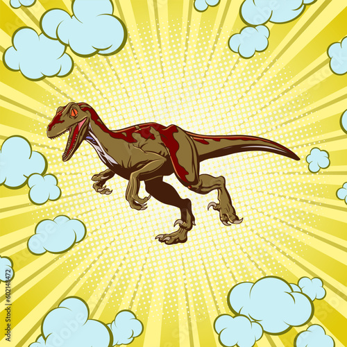 Dinosaur raptor concept in pop art style for print and decoration. Vector illustration.