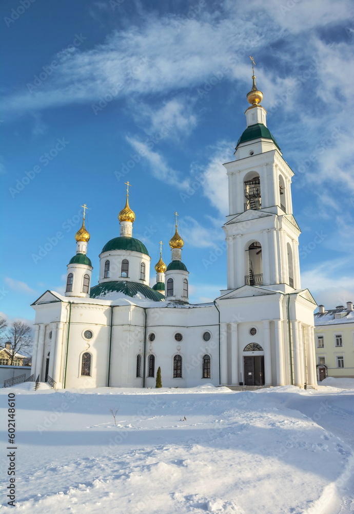 Russian winter landscape with an old white monastery Russian winter landscape with an old white monastery
