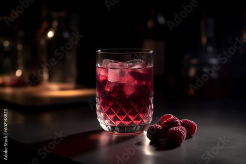 Wildberry drink on a bar table at night next to some wildberries