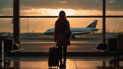 Woman from behind standing with Suitcase at the airport at sunset © HY