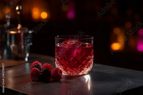 Wildberry drink on a bar table at night