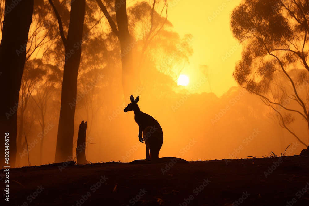 portrait of Australian bushfire with kangaroo silhouet portrait of Australian bushfire with kangaroo silhouet