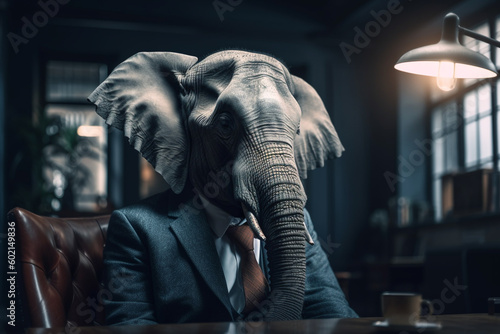 Elephant in a suit sitting at a desk in the office