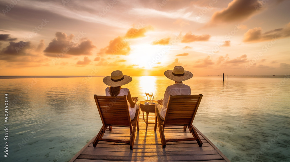 Couple in straw hats in deck chairs watching the sunset