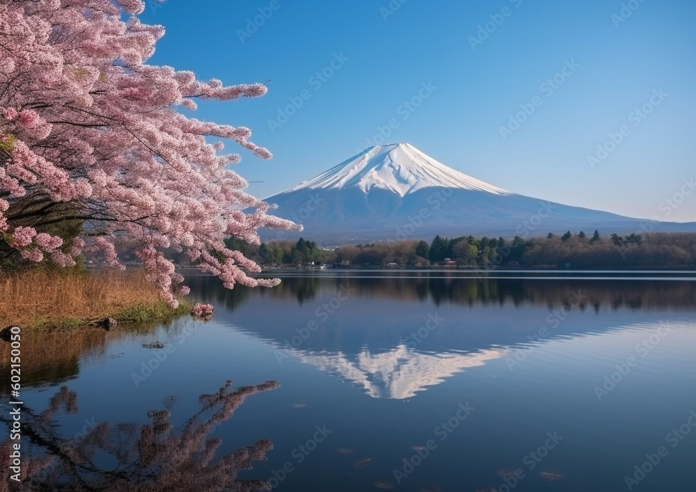 Mountain reflecting on a lake, cherry blossoms in the foreground