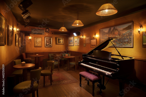 Vintage jazz club with a piano and warm lighting