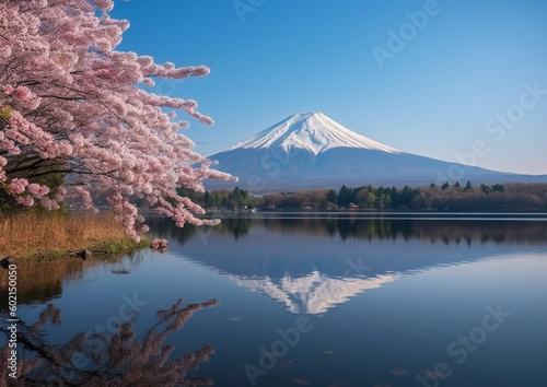 Mountain reflecting on a lake  cherry blossoms in the foreground