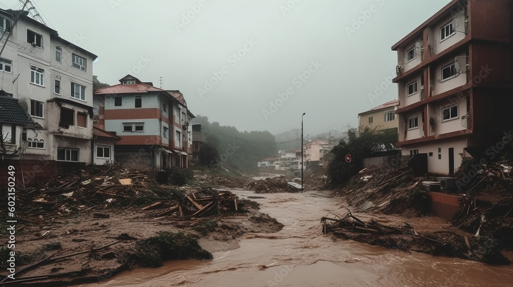 Town after a hurricane. Heavy rain and wind destruction Town after a hurricane. Heavy rain and wind destruction