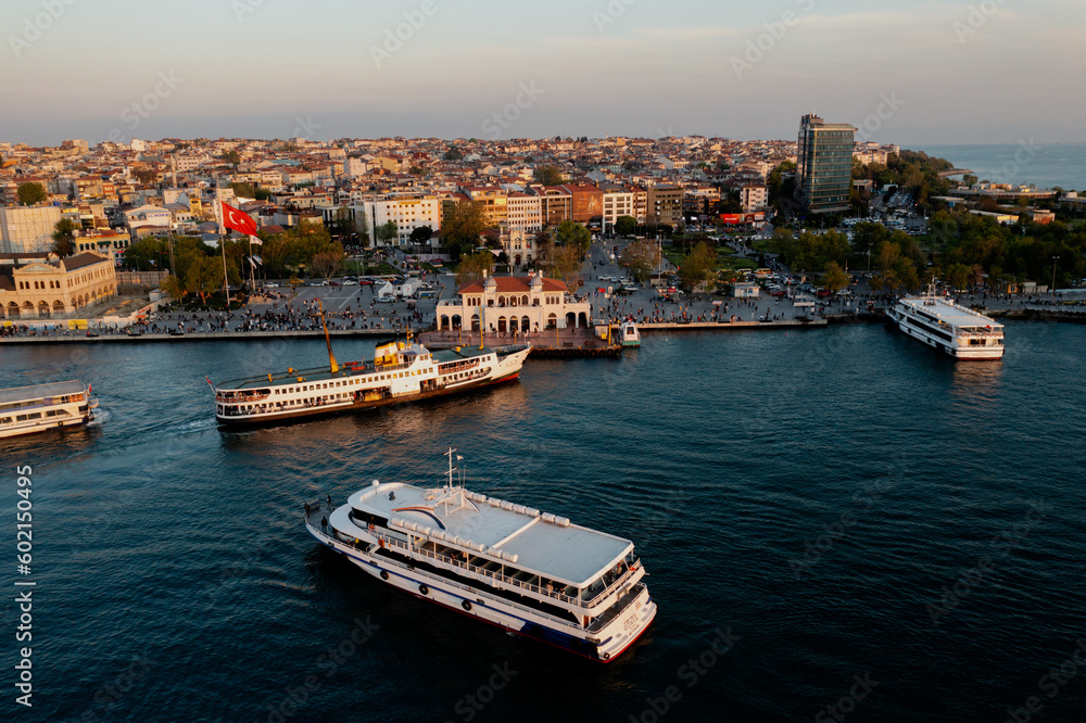 Kadikoy, Istanbul at summer sunset with cloudy sky. landscape panorama from Kadikoy region of Istanbul, Turkey