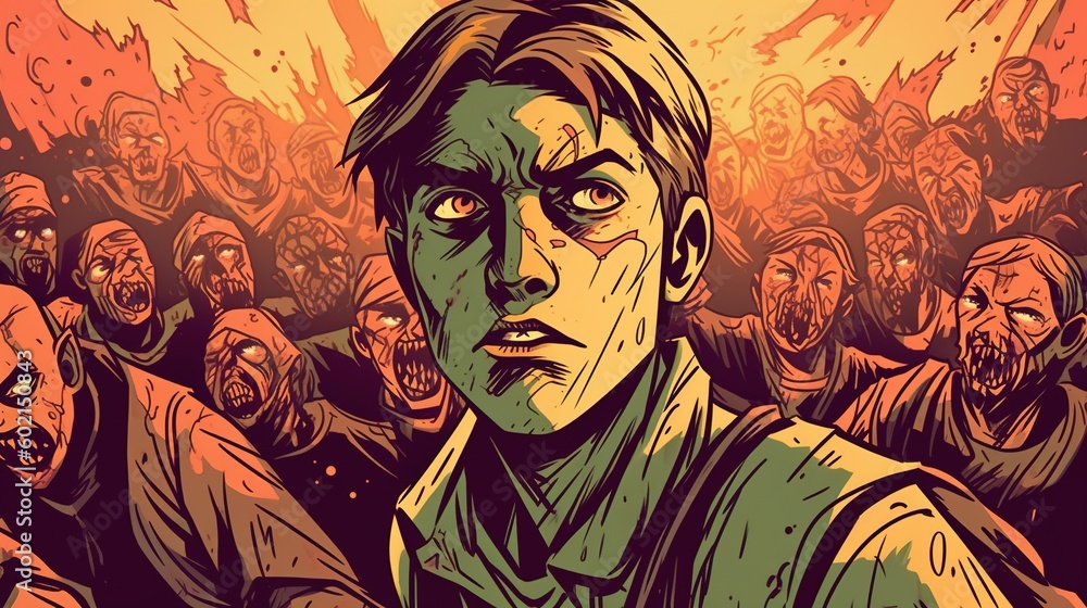 Portrait of a survivor fighting off a horde of infected in a zombie apocalypse. Fantasy concept , Illustration painting. Generative AI Portrait of a survivor fighting off a horde of infected in a zombie apocalypse. Fantasy concept , Illustration painting. Generative AI