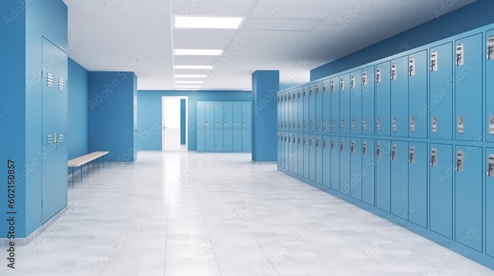 High school corridor with blue color lockers