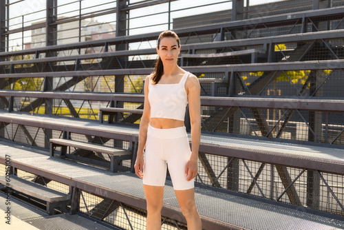 Caucasian serious athletic woman in sportswear stands at the city stadium outdoors in the morning on a sunny day. Healthy lifestyle concept