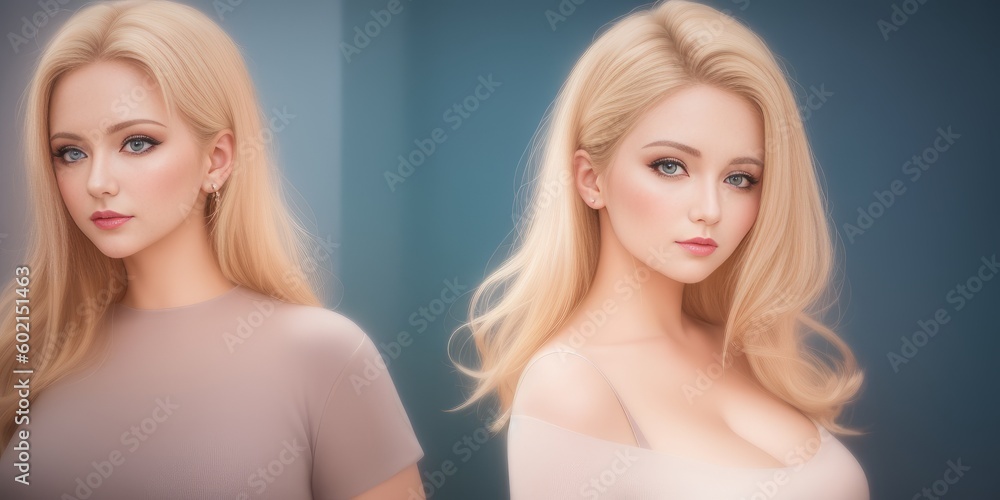Close up Portrait of two shiny yong women dressed in fashion top on colorful pastel color background. Beautiful sexy woman with blond hair and in attractive blouse poses for picture. Generative AI