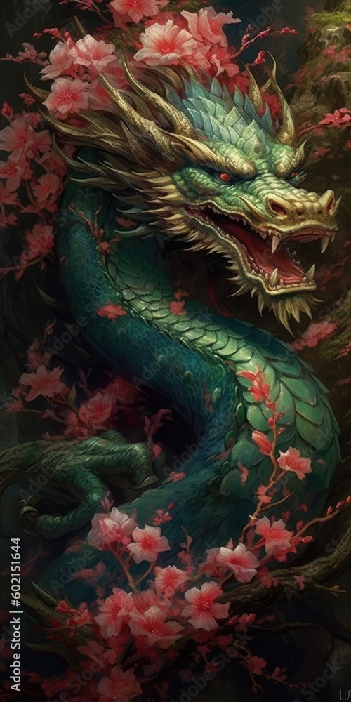 Japanese dragon and cherry blossom colorful illustration representing Asian character, generative ai
