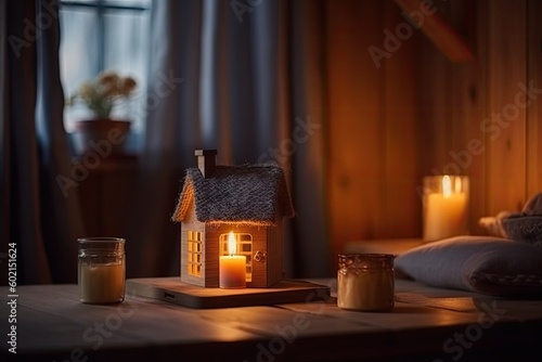 cozy home with a flickering candle on a wooden table Generative AI