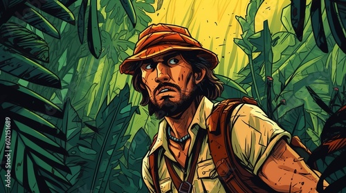 Fototapeta Naklejka Na Ścianę i Meble -  Portrait of an adventurer facing a deadly challenge in a jungle temple. Fantasy concept , Illustration painting. Generative AI