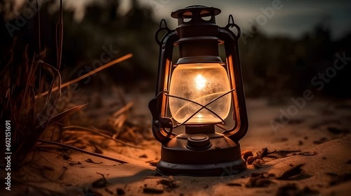 Vintage old outdoor kerosene fire lamp in a sandy ground good as a concept image for camping or as a background. AI Generative technology.