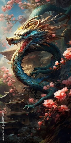 Japanese dragon and cherry blossom colorful illustration representing Asian character, generative ai