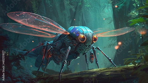 Robot dragonfly spying on enemies. Fantasy concept , Illustration painting. Generative AI © X-Poser