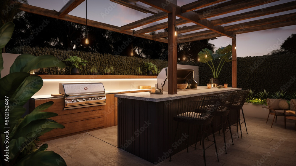 Fototapeta premium An outdoor entertainment area with a built-in barbecue