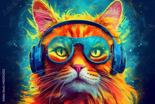 Ginger DJ cat wearing glasses and headphones 