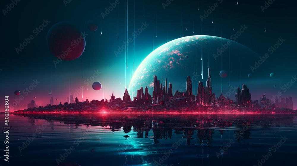 a distant planet near the water and city in the futuristic metaverse landscape a distant planet near the water and city in the futuristic metaverse landscape