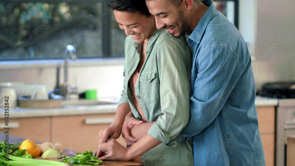 Love, cooking and help with couple in kitchen with vegetables for food, bonding and support. Happy, affectionate and salad with man and woman at home for nutrition, wellness and breakfast together Love, cooking and help with couple in kitchen with vegetables for food, bonding and support. Happy, affectionate and salad with man and woman at home for nutrition, wellness and breakfast together