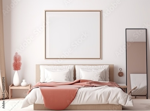 Blank white frame with framed blank blank photograph  minimalistic interior design  copy space  vase on a table - generative ai