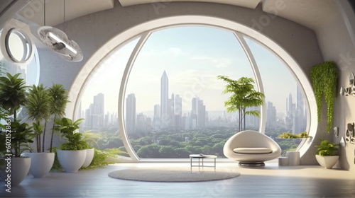 modern apartment design with big window, science fiction skyline, fictional interior created with generative ai 