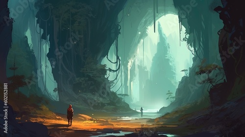 Time traveler exploring a fantasy world. Fantasy concept , Illustration painting. Generative AI