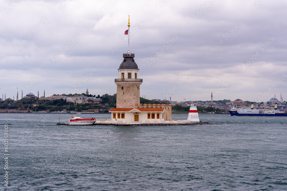 Maiden's Tower new version Istanbul, Turkey.(KIZ KULESI). New look. Istanbul’s Pearl “Maiden’s Tower” reopened after newly restored. Colorful beautiful and light show best touristic destination.