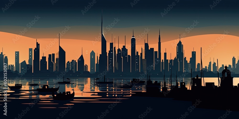Beautiful colorful sunrise and sunset of Dubai skyline, illustration, abstract banner - generative ai